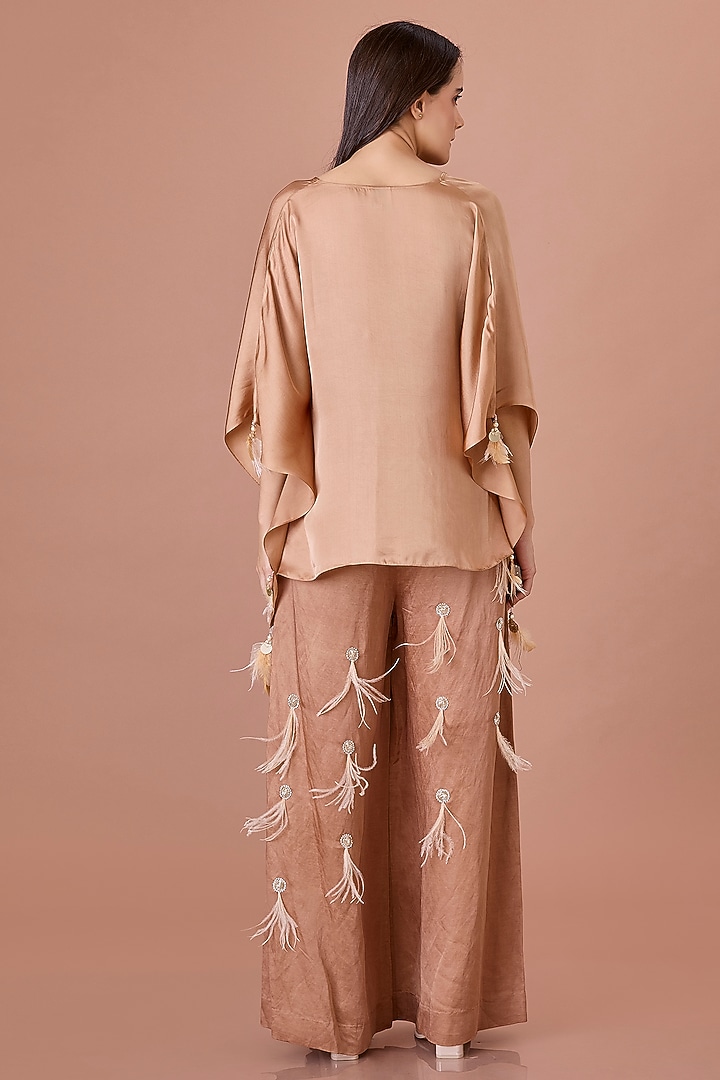 Chocolate Brown Blended Linen Hand Embroidered Trousers by Dilnaz Karbhary at Pernia's Pop Up Shop