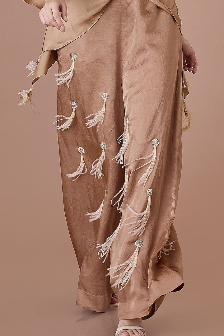 Chocolate Brown Blended Linen Hand Embroidered Trousers by Dilnaz Karbhary at Pernia's Pop Up Shop