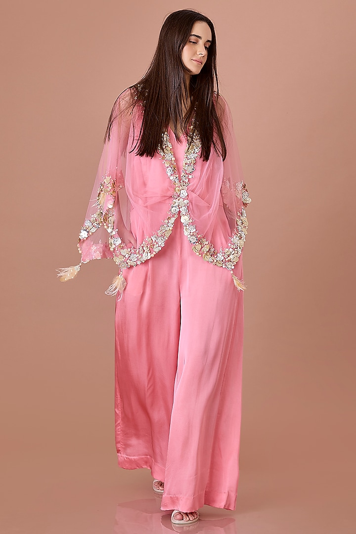 Rose Pink Blended Satin Jumpsuit With Kaftan by Dilnaz Karbhary at Pernia's Pop Up Shop