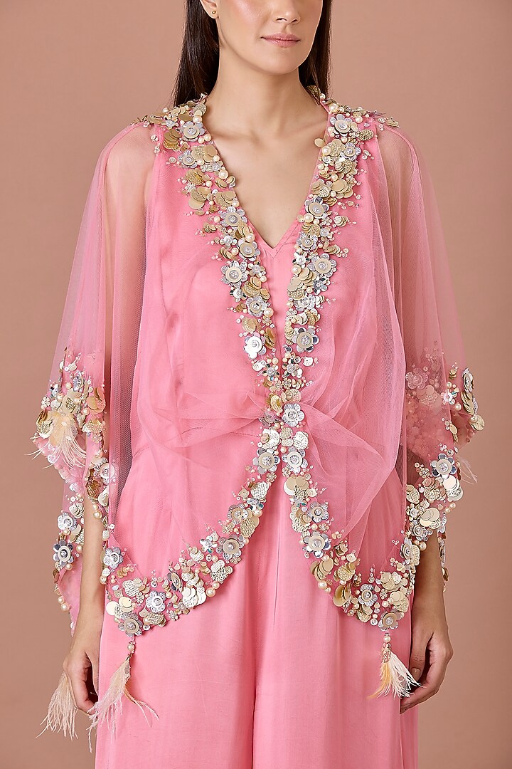 Rose Pink Blended Satin Jumpsuit With Kaftan by Dilnaz Karbhary at Pernia's Pop Up Shop