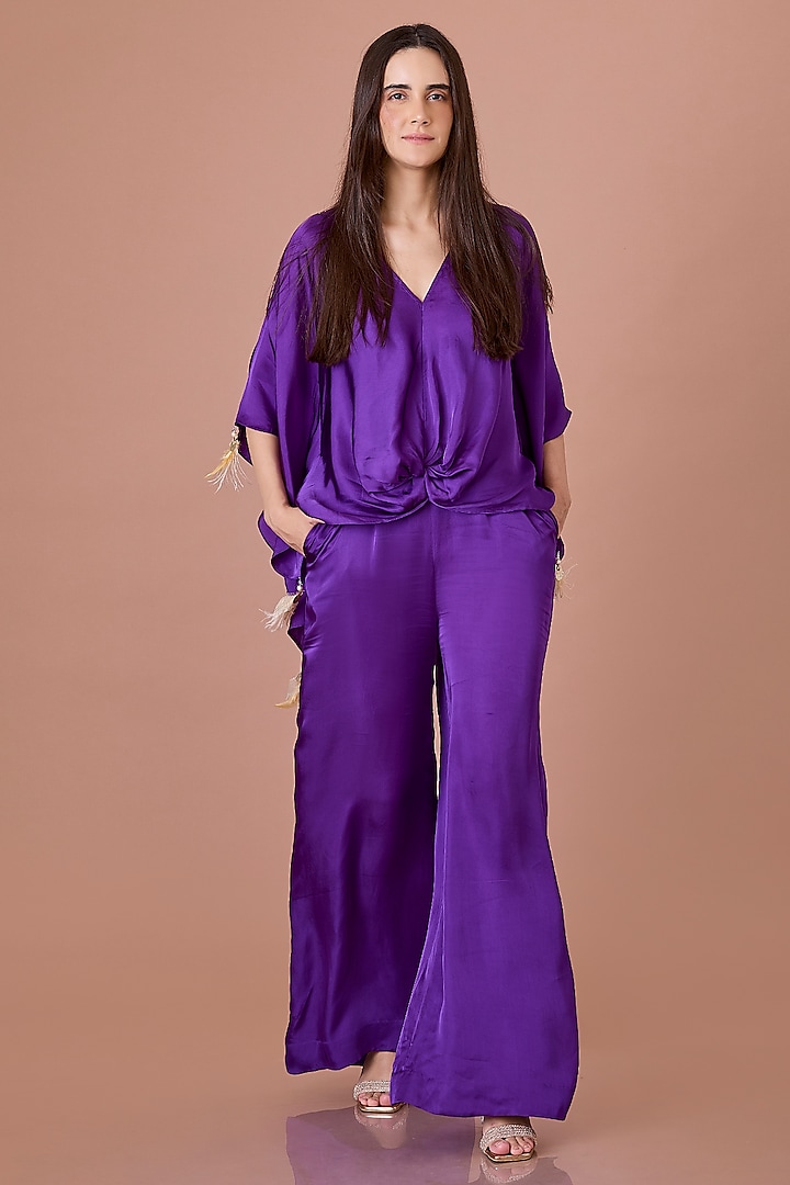 Purple Blended Satin Jumpsuit With Kaftan by Dilnaz Karbhary at Pernia's Pop Up Shop