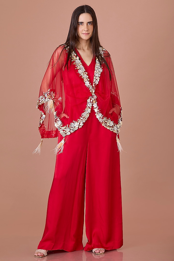 Red Blended Satin Jumpsuit With Kaftan by Dilnaz Karbhary at Pernia's Pop Up Shop