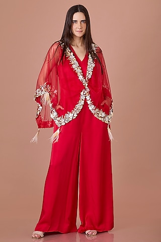 Red Blended Satin Jumpsuit With Kaftan by Dilnaz Karbhary