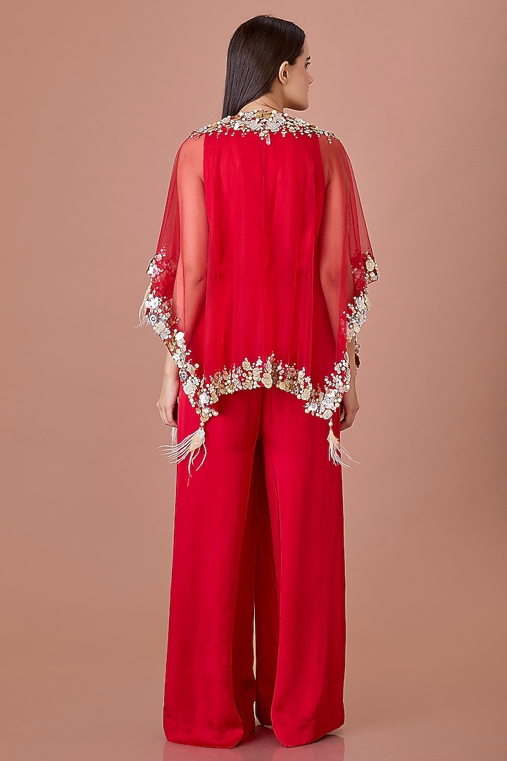 Red Blended Satin Jumpsuit With Kaftan by Dilnaz Karbhary at Pernia's Pop Up Shop