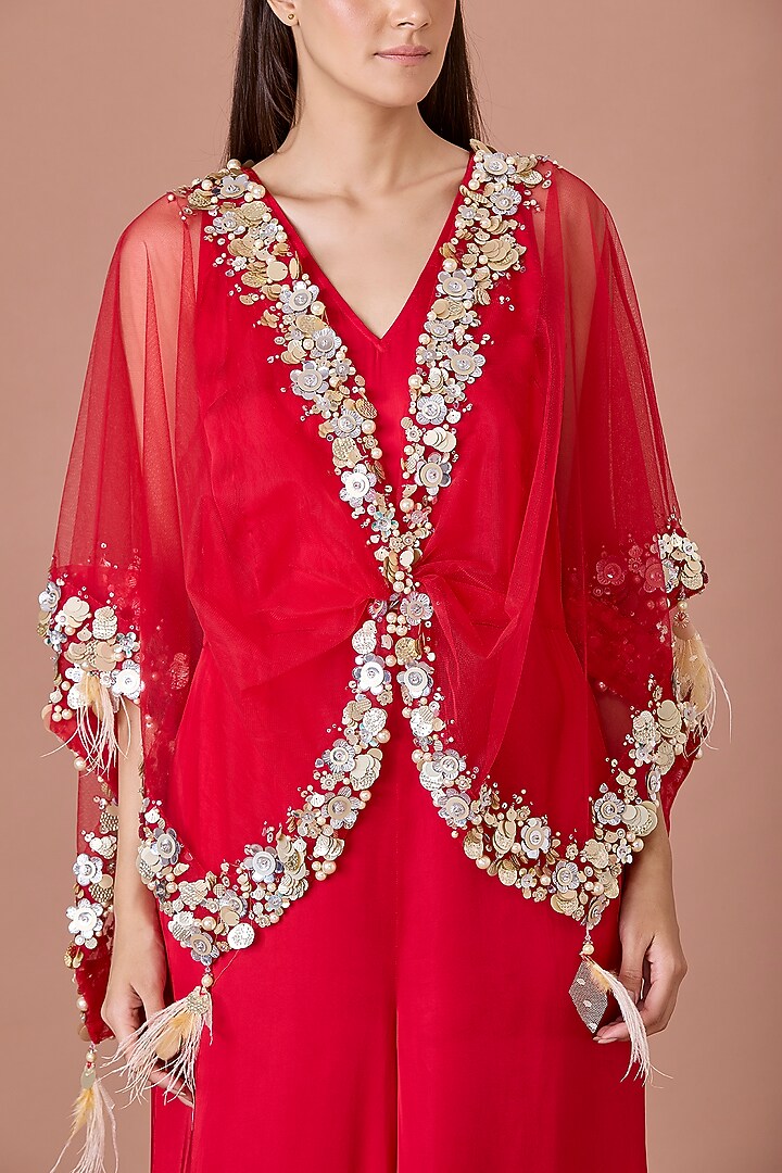 Red Blended Satin Jumpsuit With Kaftan by Dilnaz Karbhary at Pernia's Pop Up Shop