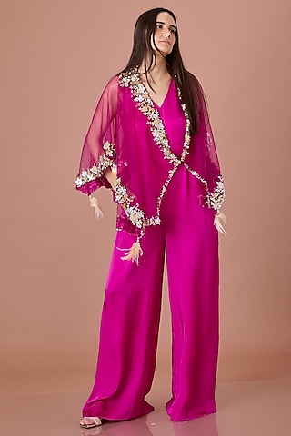 Jamun Colored Blended Satin Jumpsuit With Kaftan by Dilnaz Karbhary