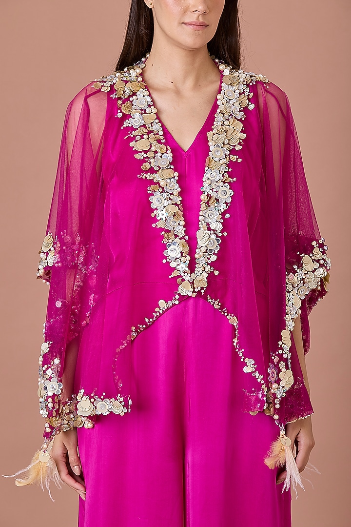 Jamun Colored Blended Satin Jumpsuit With Kaftan by Dilnaz Karbhary at Pernia's Pop Up Shop