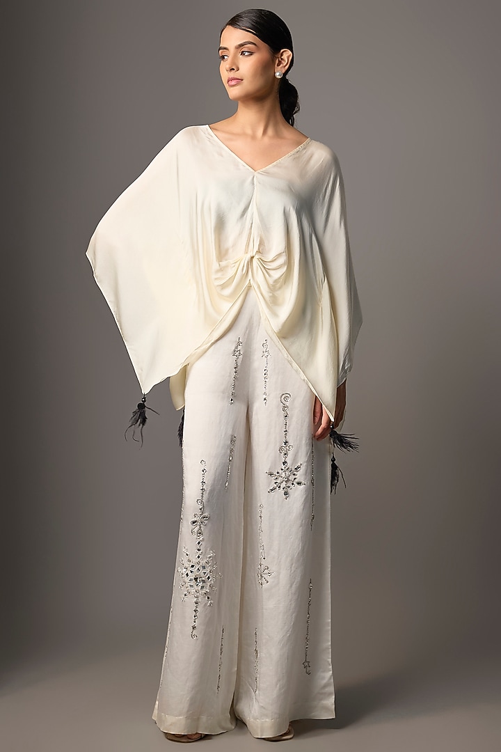 Cream Blended Satin Draped Kaftan by Dilnaz Karbhary at Pernia's Pop Up Shop