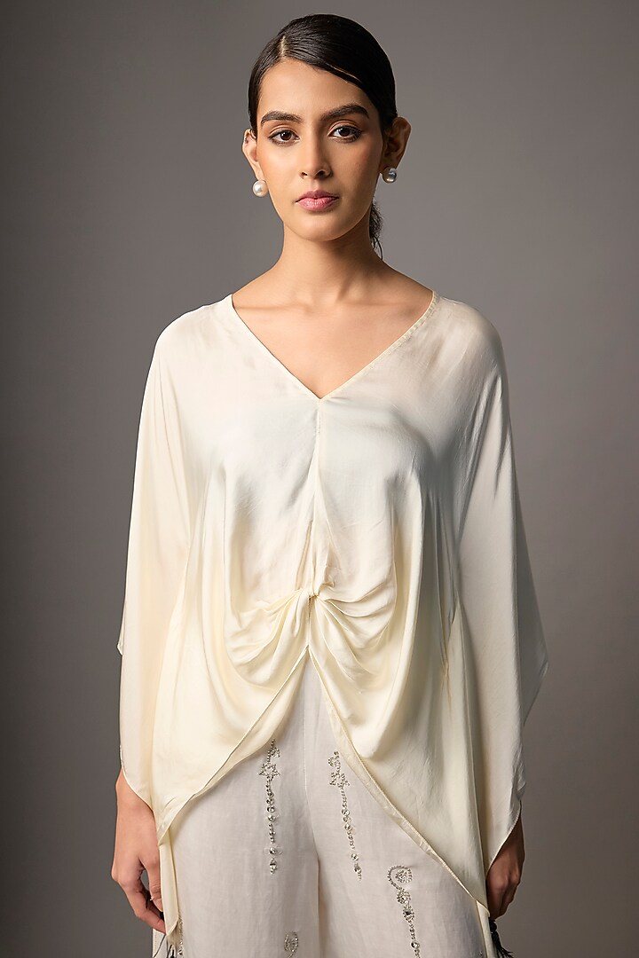 Cream Blended Satin Draped Kaftan by Dilnaz Karbhary at Pernia's Pop Up Shop