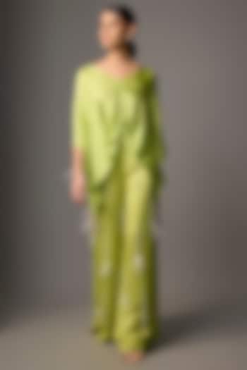Pop Green Blended Satin Draped Kaftan by Dilnaz Karbhary at Pernia's Pop Up Shop