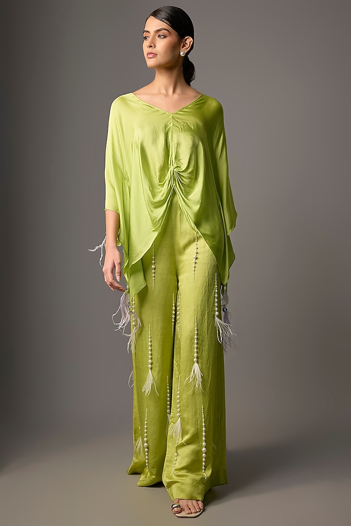 Pop Green Blended Satin Draped Kaftan by Dilnaz Karbhary at Pernia's Pop Up Shop