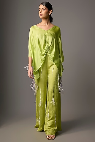 Pop Green Blended Satin Draped Kaftan by Dilnaz Karbhary