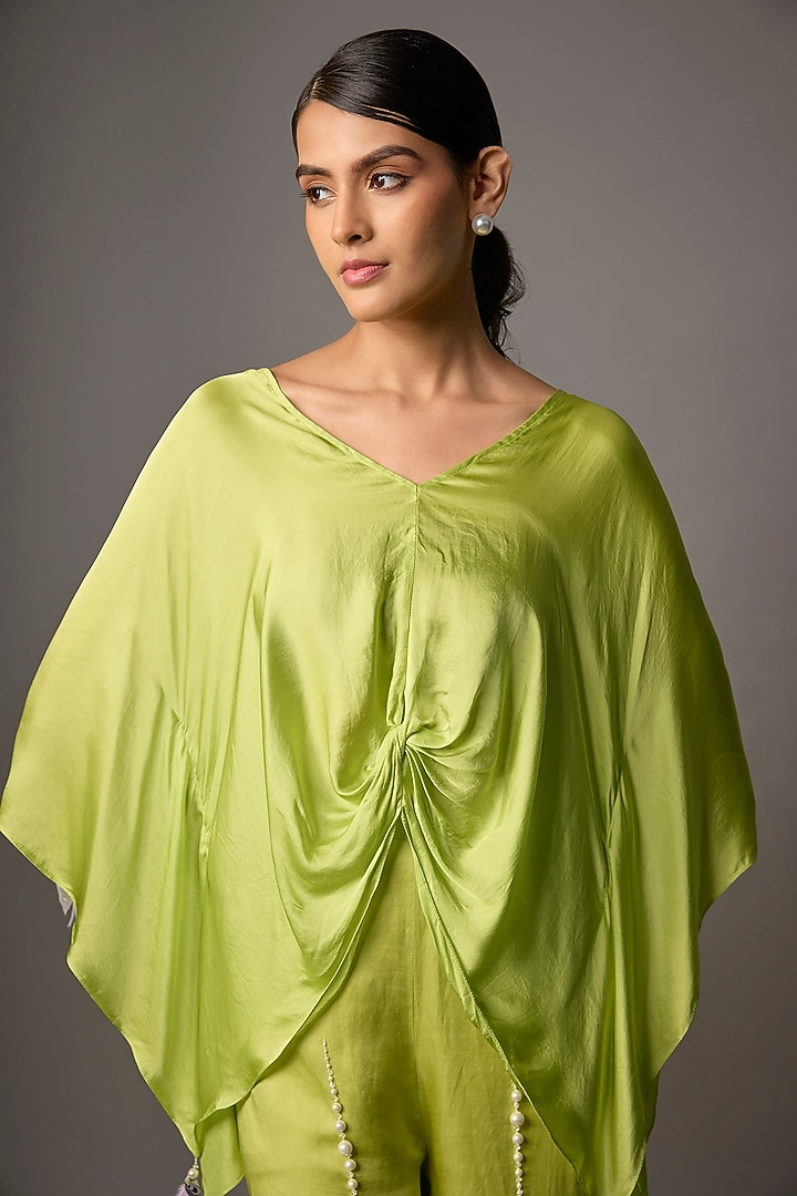 Pop Green Blended Satin Draped Kaftan by Dilnaz Karbhary at Pernia's Pop Up Shop