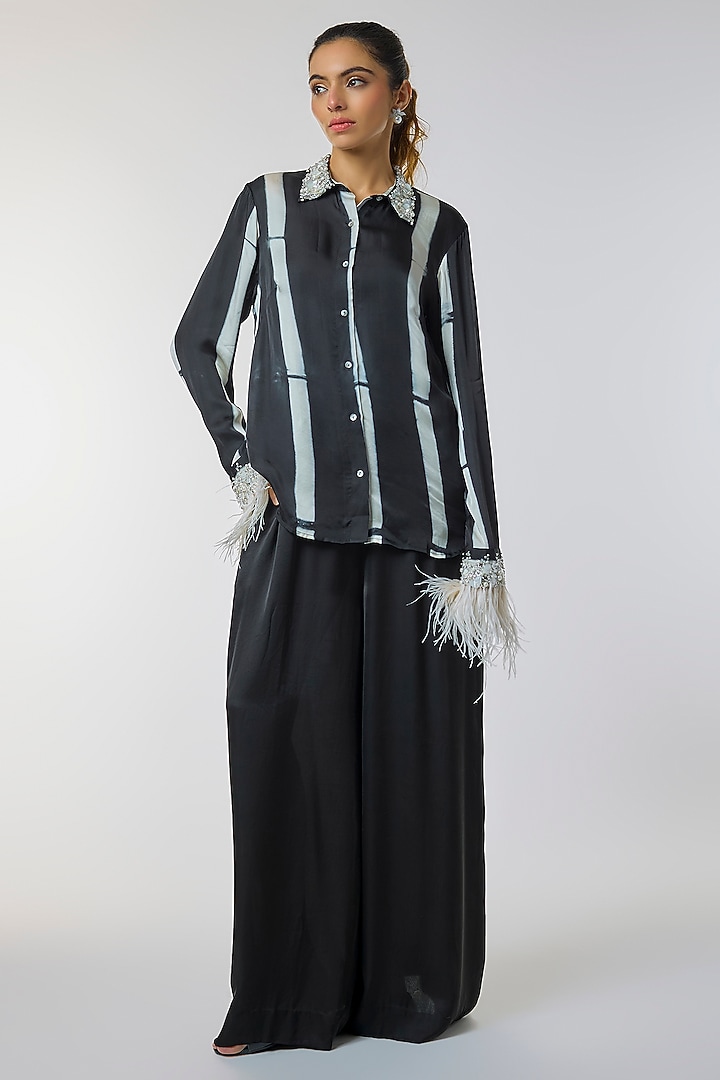 Black & Off-White Blended Satin Tie-Dye Shirt by Dilnaz Karbhary at Pernia's Pop Up Shop