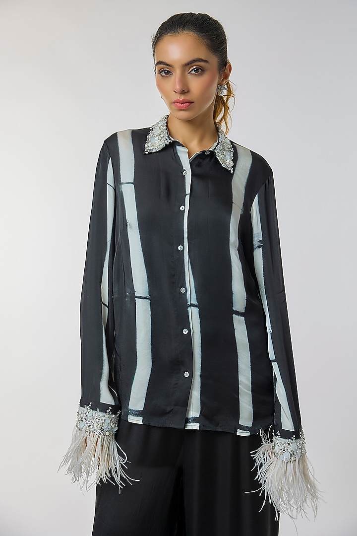 Black & Off-White Blended Satin Tie-Dye Shirt by Dilnaz Karbhary at Pernia's Pop Up Shop