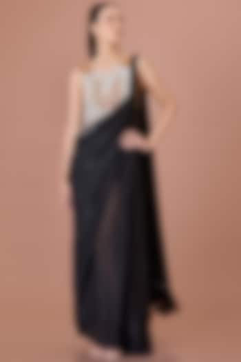 Black Chiffon Pre-Draped Wedding Saree Set by Dilnaz Karbhary at Pernia's Pop Up Shop