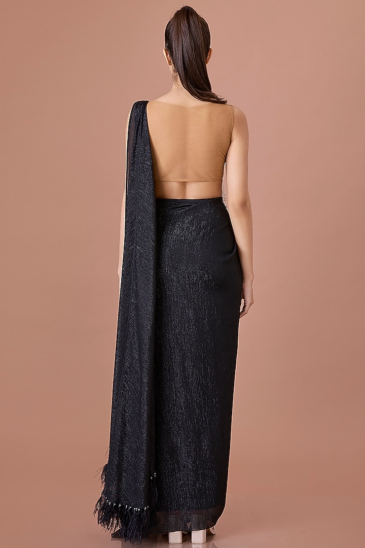 Black Chiffon Pre-Draped Wedding Saree Set by Dilnaz Karbhary at Pernia's Pop Up Shop