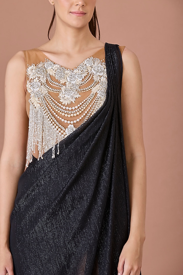 Black Chiffon Pre-Draped Wedding Saree Set by Dilnaz Karbhary at Pernia's Pop Up Shop