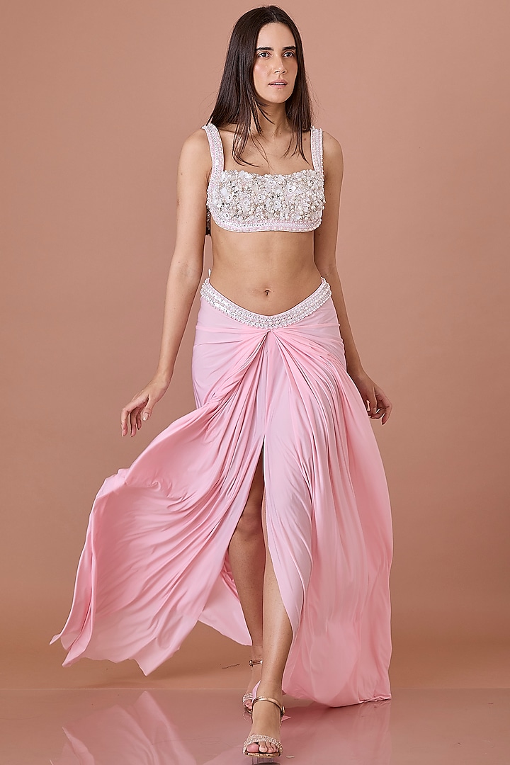 Light Pink Lycra Draped Skirt Set by Dilnaz Karbhary at Pernia's Pop Up Shop
