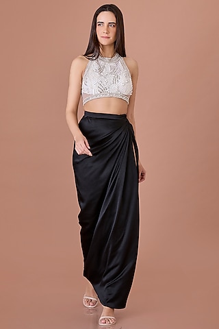 Ivory Net & Blended Satin Pearl Embroidered Halter Blouse by Dilnaz Karbhary