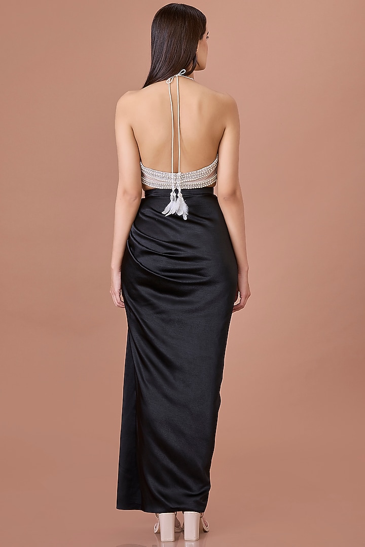 Ivory Net & Blended Satin Pearl Embroidered Halter Blouse by Dilnaz Karbhary at Pernia's Pop Up Shop