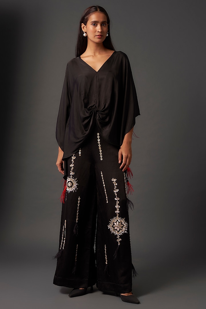 Black Blended Linen Hand Embroidered Trousers by Dilnaz Karbhary at Pernia's Pop Up Shop