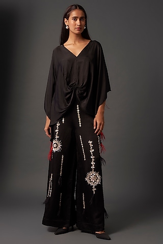 Black Blended Linen Hand Embroidered Trousers by Dilnaz Karbhary
