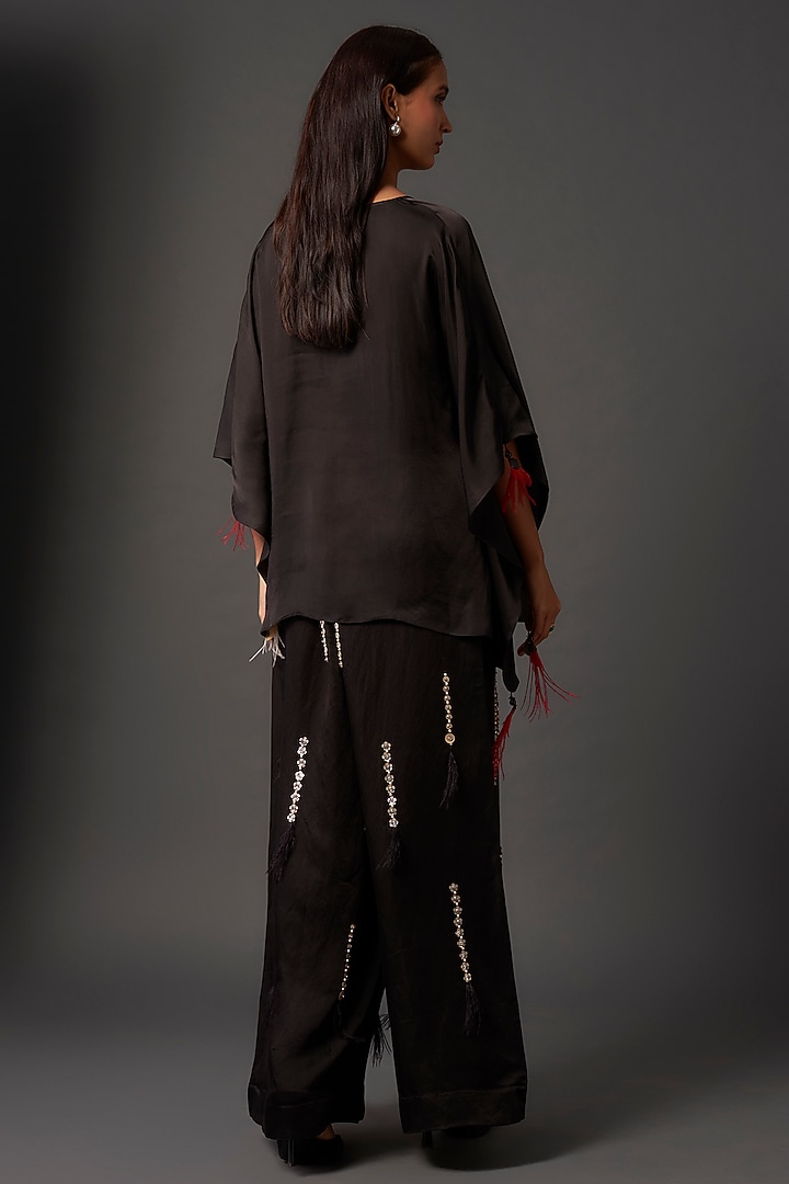 Black Blended Linen Hand Embroidered Trousers by Dilnaz Karbhary at Pernia's Pop Up Shop