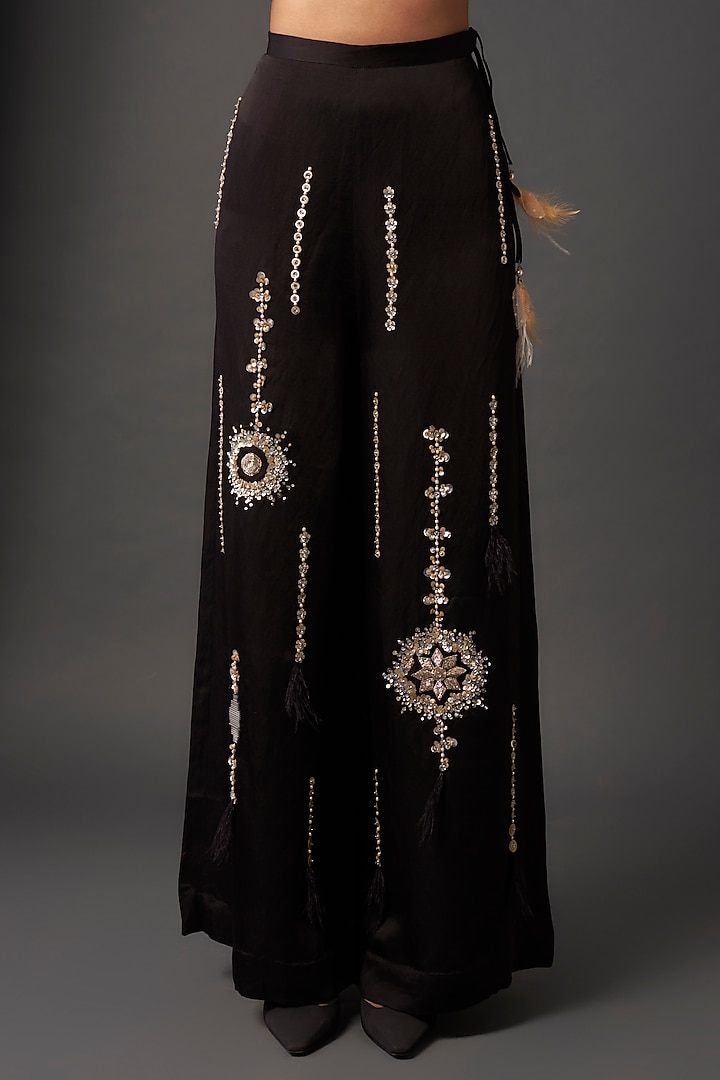 Black Blended Linen Hand Embroidered Trousers by Dilnaz Karbhary at Pernia's Pop Up Shop