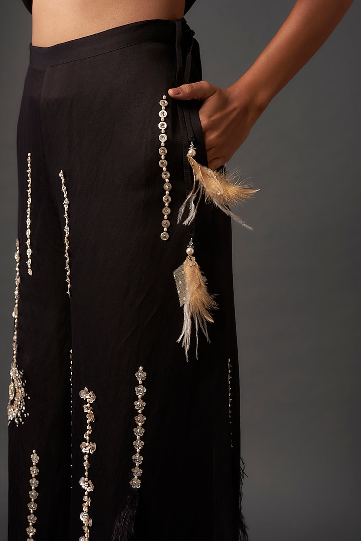 Black Blended Linen Hand Embroidered Trousers by Dilnaz Karbhary at Pernia's Pop Up Shop