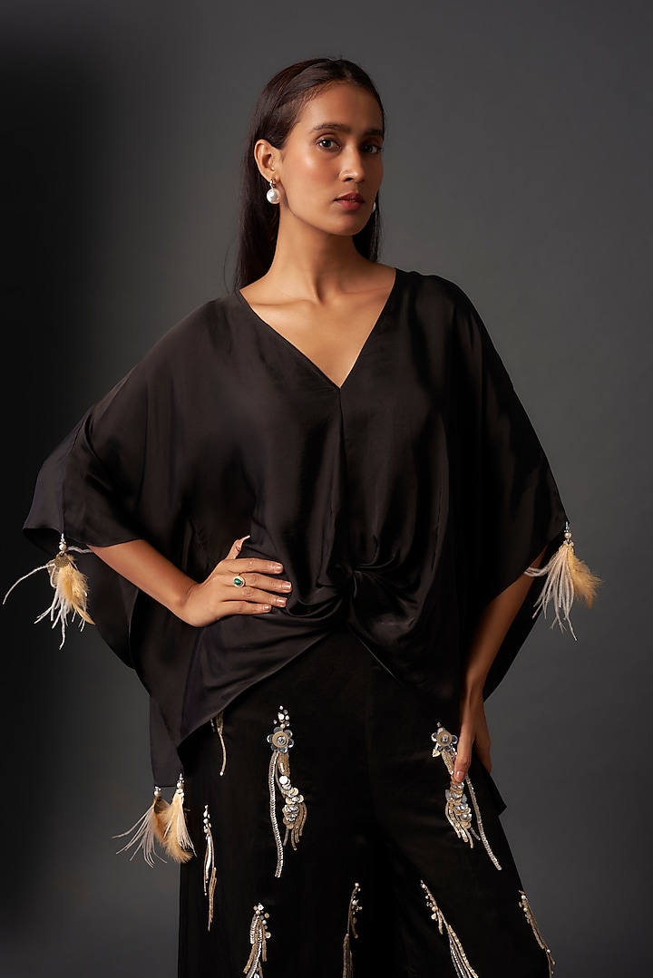 Black Blended Satin Kaftan by Dilnaz Karbhary at Pernia's Pop Up Shop