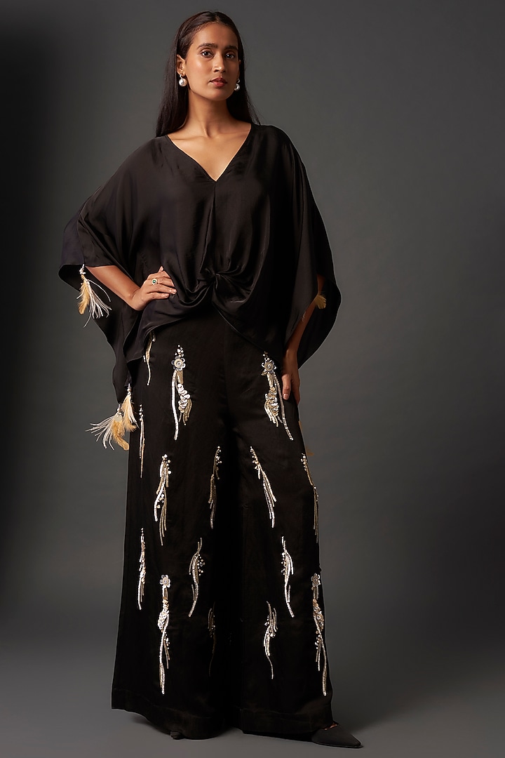 Black Blended Satin Kaftan by Dilnaz Karbhary at Pernia's Pop Up Shop