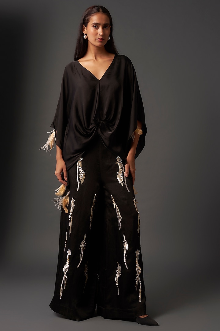 Black Blended Linen Sequins Embroidered Trousers by Dilnaz Karbhary at Pernia's Pop Up Shop