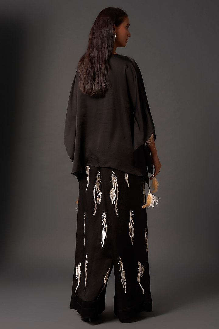 Black Blended Linen Sequins Embroidered Trousers by Dilnaz Karbhary at Pernia's Pop Up Shop