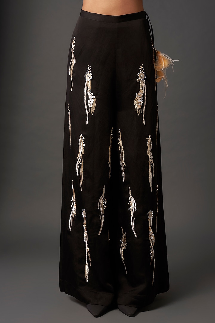 Black Blended Linen Sequins Embroidered Trousers by Dilnaz Karbhary at Pernia's Pop Up Shop
