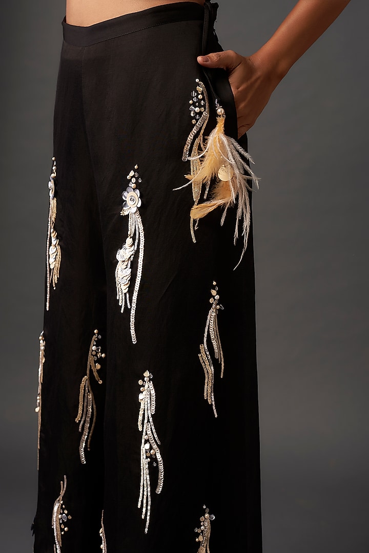 Black Blended Linen Sequins Embroidered Trousers by Dilnaz Karbhary at Pernia's Pop Up Shop