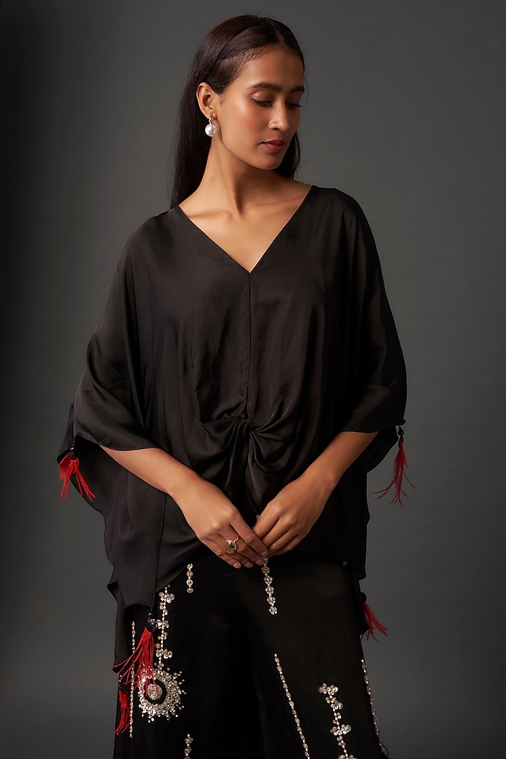 Black Blended Satin Kaftan by Dilnaz Karbhary at Pernia's Pop Up Shop