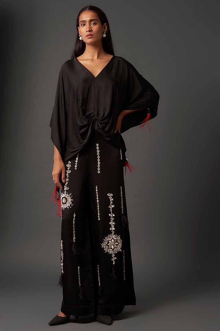 Black Blended Satin Kaftan by Dilnaz Karbhary at Pernia's Pop Up Shop
