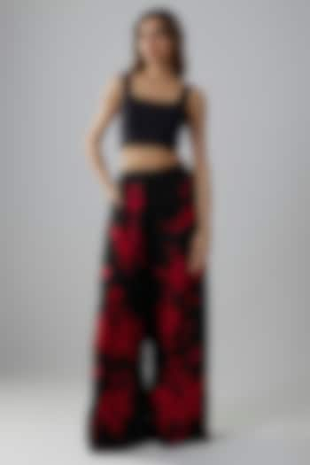 Black Satin Floral Machine Embroidered Trousers by Dilnaz Karbhary at Pernia's Pop Up Shop