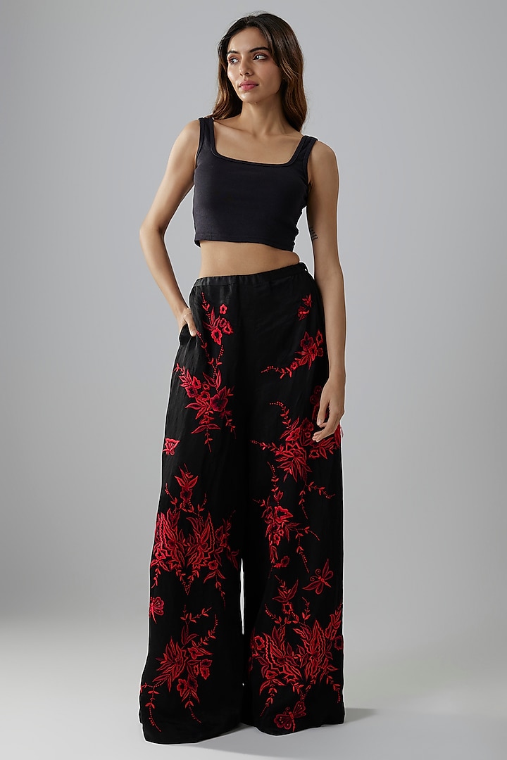 Black Satin Floral Machine Embroidered Trousers by Dilnaz Karbhary at Pernia's Pop Up Shop