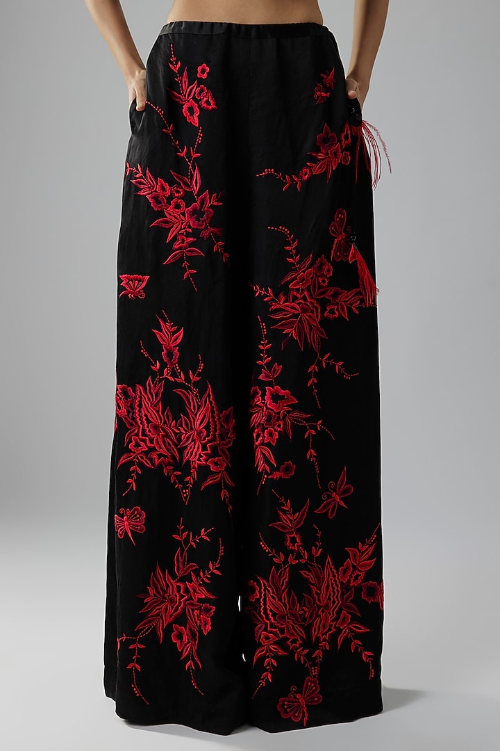 Black Satin Floral Machine Embroidered Trousers by Dilnaz Karbhary at Pernia's Pop Up Shop