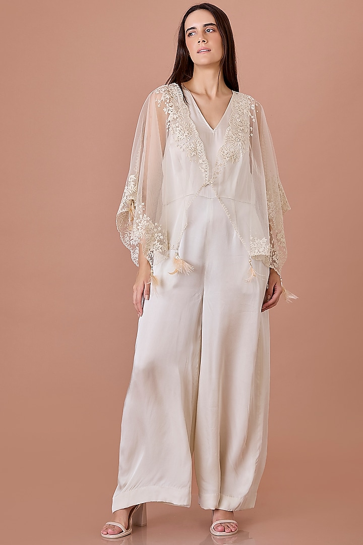 White Blended Satin Jumpsuit With Embroidered Kaftan by Dilnaz Karbhary at Pernia's Pop Up Shop