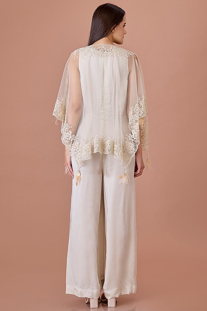 White Blended Satin Jumpsuit With Embroidered Kaftan by Dilnaz Karbhary at Pernia's Pop Up Shop