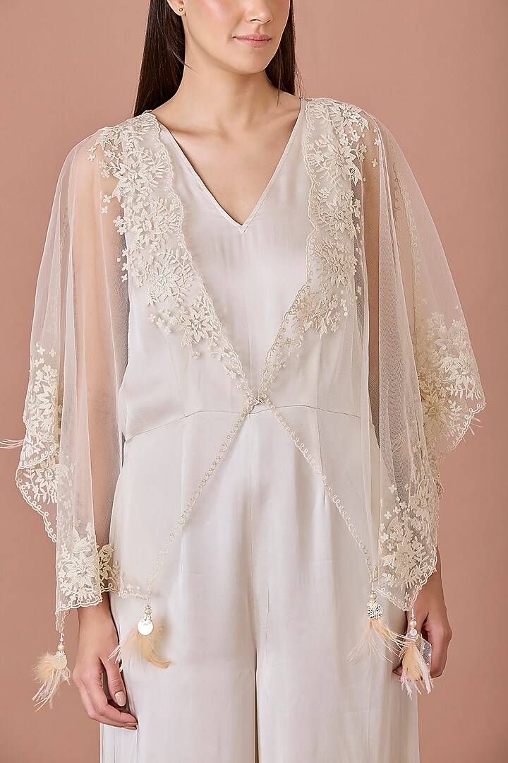 White Blended Satin Jumpsuit With Embroidered Kaftan by Dilnaz Karbhary at Pernia's Pop Up Shop