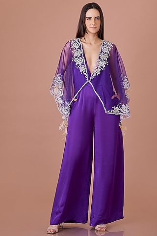 Purple Blended Satin Jumpsuit With Embroidered Kaftan by Dilnaz Karbhary