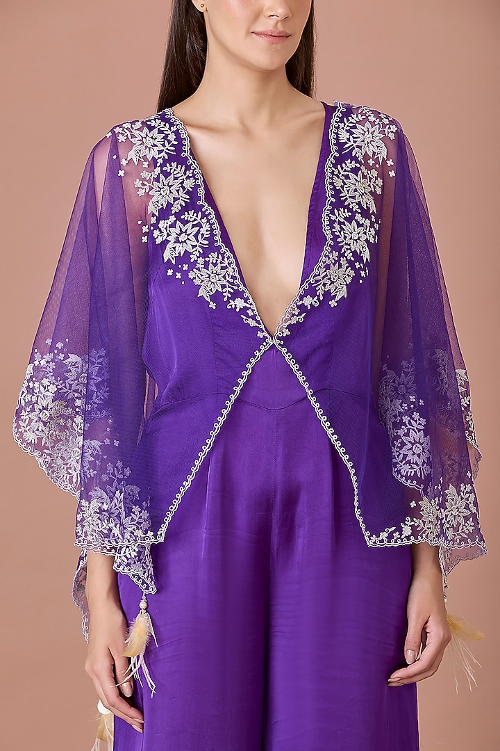 Purple Blended Satin Jumpsuit With Embroidered Kaftan by Dilnaz Karbhary at Pernia's Pop Up Shop