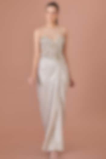 Champagne Blended Satin & Net Hand Embroidered Draped Engagement Gown by Dilnaz Karbhary at Pernia's Pop Up Shop