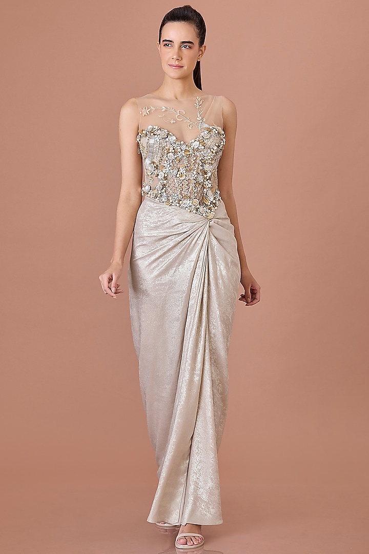Champagne Blended Satin & Net Hand Embroidered Draped Engagement Gown by Dilnaz Karbhary at Pernia's Pop Up Shop