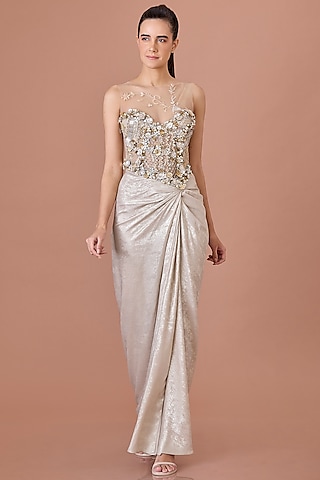 Champagne Blended Satin & Net Hand Embroidered Draped Gown by Dilnaz Karbhary