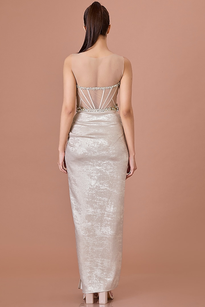 Champagne Blended Satin & Net Hand Embroidered Draped Engagement Gown by Dilnaz Karbhary at Pernia's Pop Up Shop